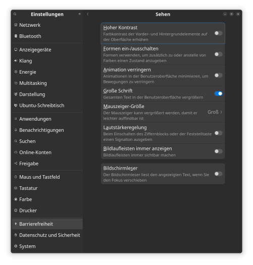 Ubuntu Einstellungen Barrierefreiheit Sehen.png // Bildunterschrift: Setzen der Eigenschaft Große Schrift in den Ubuntu Einstellungen (Screenshot: Philipp Last)